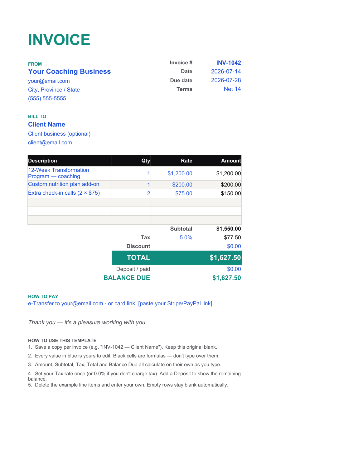 Invoice Template — self-totaling